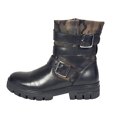 #ad #ad Eric Michael Womens Boots Black Leather Camo Buckle Adjustable Biker Zip 7 38 $69.99