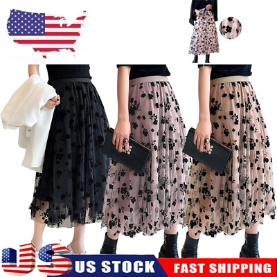 #ad Women Pleated Long Skirt High Waist Tulle Sheer Net Ruffle Mesh TuTu Maxi Skirt $17.99