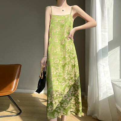 #ad Summer Jacquard Suspender Dress Women#x27;s Satin Imitation Silk Long Skirt Dresses $47.98