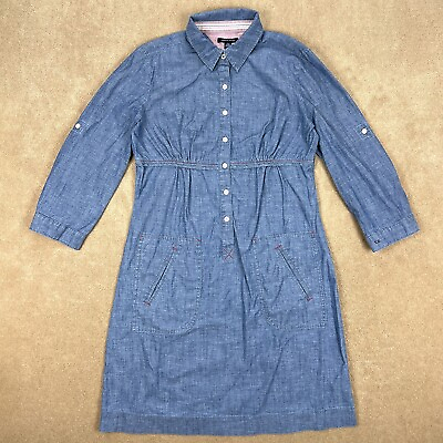 Tommy Hilfiger Denim Dress Women#x27;s Medium Blue Long Roll Tab Sleeves Pockets $22.25