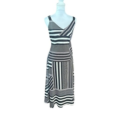 #ad DKNY Geometric Stripes Black White Lined V Neck Sleeveless Summer Dress XL $28.88