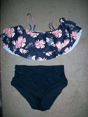 #ad NEW Tempte Me Women#x27;s XL 2 piece swimsuit bikini Black Ruffle Top $15.00