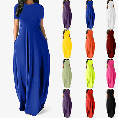 Women Lady Round Neck Short Sleeve Maxi Dress Solid Pocket Loose Party Dress $16.19