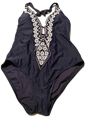 Womens Large Kona Sol Medium Coverage One Piece Swimsuit Navy Blue Crochet Trim $6.21
