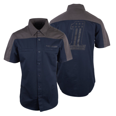 Harley Davidson Men#x27;s Grey Blue Two Tone #1 Mechanic S S Woven Shirt S42 $46.75