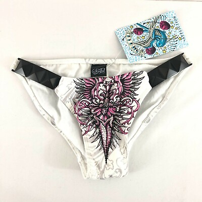 Sinful by Affliction Bikini Bottom Rhinestone Studded Wings White Pink XS S $17.99