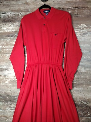 #ad Ralph Lauren Knit Maxi Dress Red Pullover Vintage Y2K 90#x27;s Pocket Logo Loose Fit $38.50
