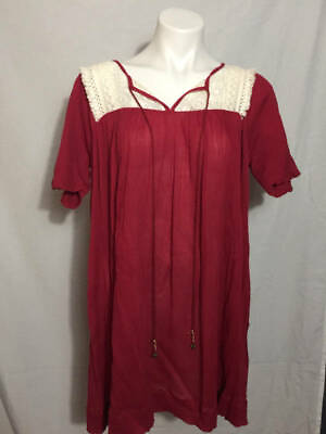 #ad Umgee Sz M Dark Red Cream Lace Tunic Boho Dress Short Sleeve $32.34
