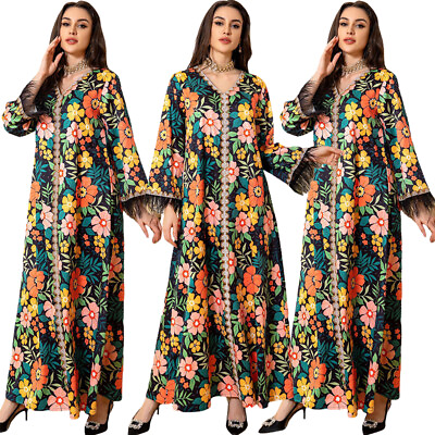 #ad Women Muslim Maxi Dress Turkey Islamic Long Sleeve Kaftan Evening Robes Dresses $49.35