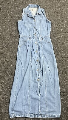 #ad Vintage Bill Blass Sleeveless Blue Jean Full Button Down Maxi Dress Small $24.99