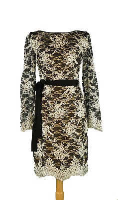 #ad NWT Antonio Melani Formal Black Lace Party Dress Long Sleeve Belted Size 2 NEW $44.75