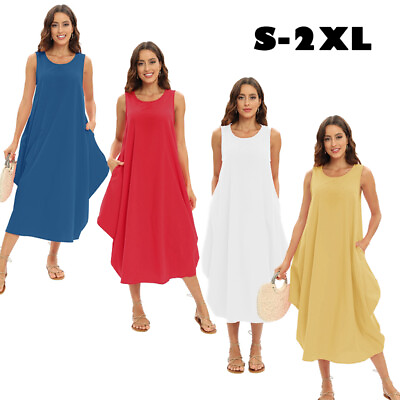 #ad Women#x27;s Sleeveless Dress Loose Boho Maxi Dress Sundress Summer Beachwear Casual $13.01
