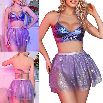 #ad Womens Lingerie Set Mini Bra With Skirt Shiny Bikini Carnival Clubwear Sexy $7.51