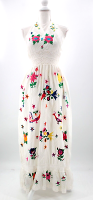 #ad Vtg Women#x27;s 70s White Colorful Embroidered Mexican Maxi Dress 1970s XS Cotton $124.99