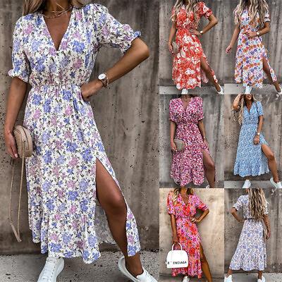 Womens Boho Floral V Neck Midi Dresses Ladies Holiday Beach Side Slit Sundress $19.99