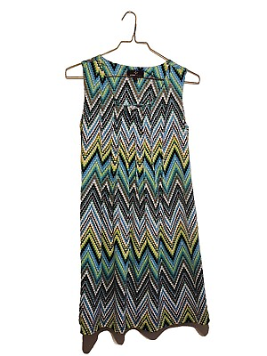 #ad Ronni Nicole Abstract Blue Green Black Dress Large Size 8 Funky Bright $18.75