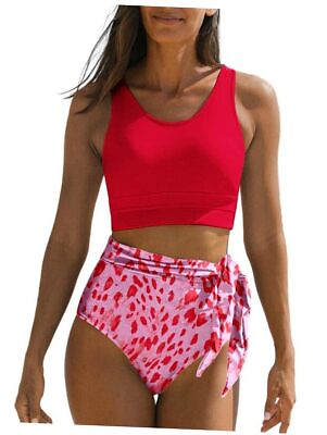 #ad Womens Scoop Neck Racerback High Waisted Bikini Sets Two Piece Small Red $51.25