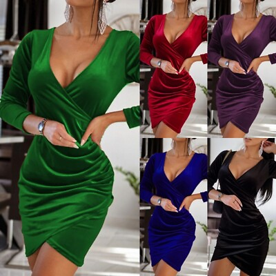 #ad Ladies Party Dresses Long Sleeve Short Mini Dress Women Sexy Cocktail V Neck $22.49