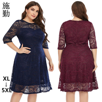 #ad #ad Plus Size Women 3 4 Sleeve Round Neck Lace Dress Evening Party Cocktail Dress $36.09