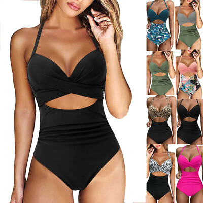 #ad Women One Piece Swimsuit Beachwear Tummy Control Cutout High Waist Bathing Suit $19.99