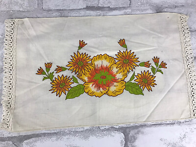 #ad Vintage Hand Painted Yellow Orange Floral Crochet Edge Dresser Scarf 14x9quot; $8.99