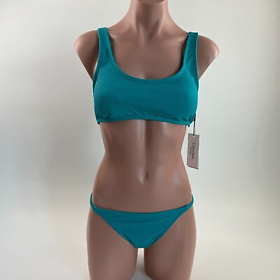 #ad Calvin Klein Swimwear Women UPF50 Ribbed Bikini Top amp; Bottom Set Teal S NWT $19.99