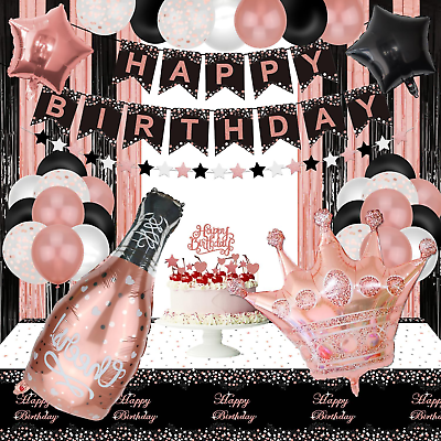 #ad Rose Gold and Black Party Decorations Happy Birthday Banner Balloons Fringe $23.98