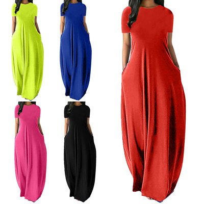 #ad #ad Women O Neck Short Sleeve Dress Long Maxi Dress Pocket Party Dress Solid Color $15.98