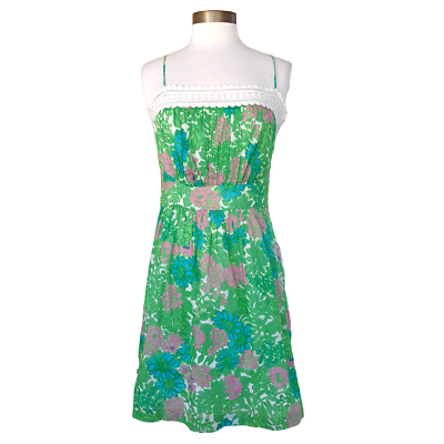 Milly Floral Sun Dress Ping Green Blue Retro Lace Trim $49.00