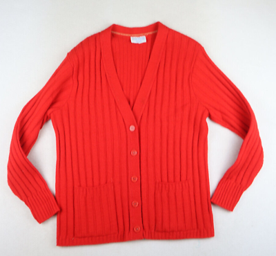 #ad VINTAGE 1970s 70s WOMEN#x27;S RED RIBBED CARDIGAN SWEATER SEARS SIZE L $34.99