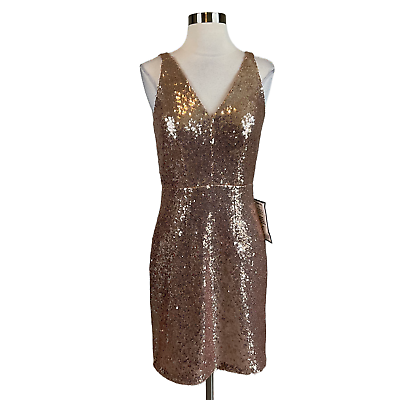 #ad Nightway Women#x27;s Cocktail Dress Size 10 Gold Sequined Sleeveless Mini Sheath $49.99