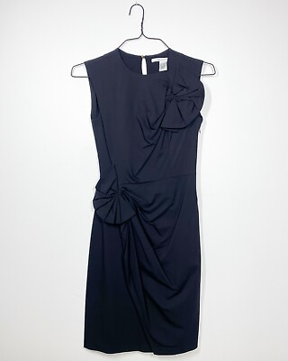 #ad DIANE VON FURSTENBERG Black Gathered Flower Applique Cocktail Dress Size 0 NST $35.00