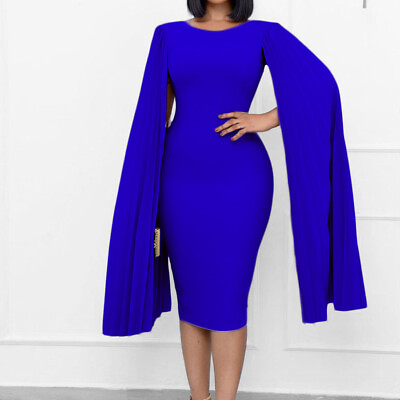 #ad Womens Chic Round Neck Long Split Sleeves Bodycon Dress Party Cocktail Ball Gown $39.15