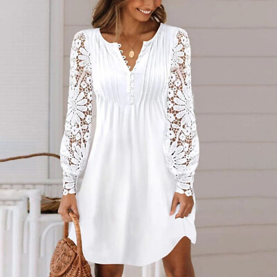 #ad White Boho Dress For The Summer Women Dress Print Embroidery Hollow Out Lace La $52.41