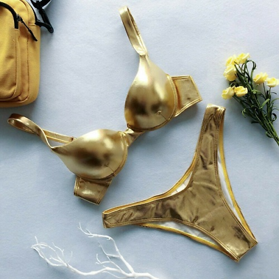#ad Women Swimwear Bikini PU Leather Two Piece Push Up Shiny Beachwear Bathing Suits $26.54