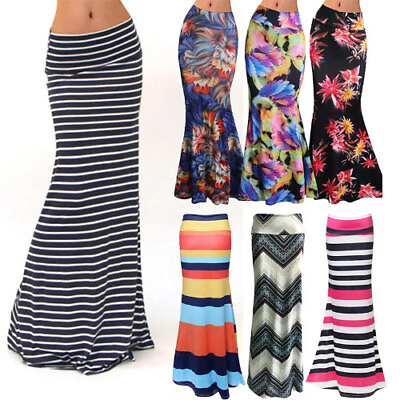 #ad Summer Women#x27;s Elastic High Waist Long Pencil Skirt Printed Long Skirt $28.12