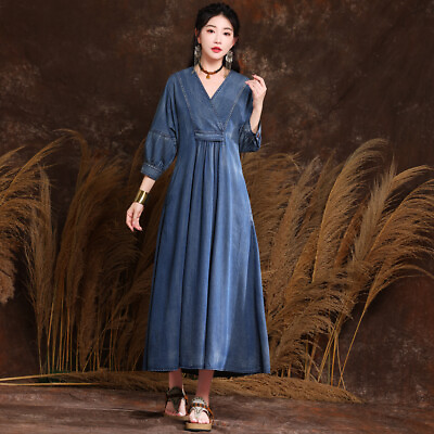 #ad New Women#x27;s Denim Dress Plus Size Embroidered Maxi Long Shirt Dresses A2629 $69.00