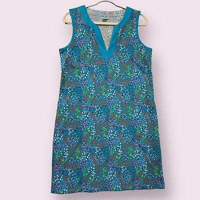 #ad Lands End Beach Cover Up Dress Size Medium 10 12 Blue Floral Split Neck Pockets $34.99