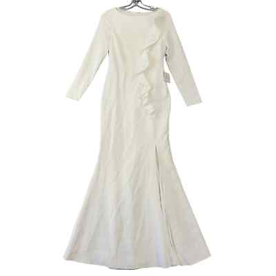 #ad Laundry Women Dress Size 2 Creamy Ivory Stretch Maxi 3 4 Sleeves Ruffle Slit Zip $79.00