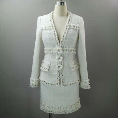 #ad Womens Designer Flower Pearl Beaded Tweed Jacket BlazerSkirt Evening 2Pcs Suits $180.11