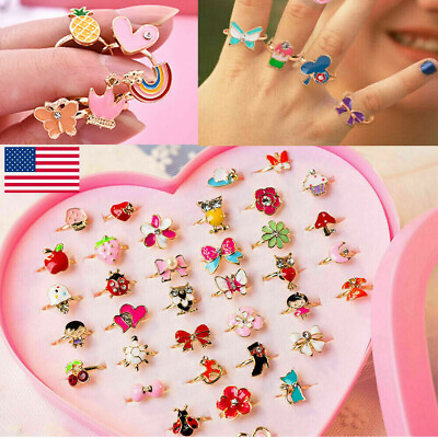 20Pcs Girls Kids Cartoon Adjustable Ring Crystal Rings Jewelry Cute Gift USA $4.02