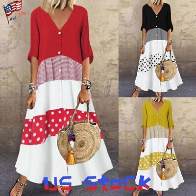 #ad Womens Button V Neck Maxi Dress Ladies Loose Casual Long Kaftan Swing Sundress $20.33