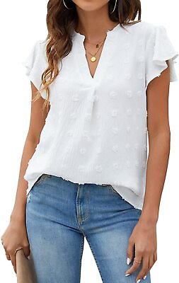 Womens White Blouse V Neck Ruffle Sleeve Flowy Shirts Dressy Casual Cute Summer $38.99