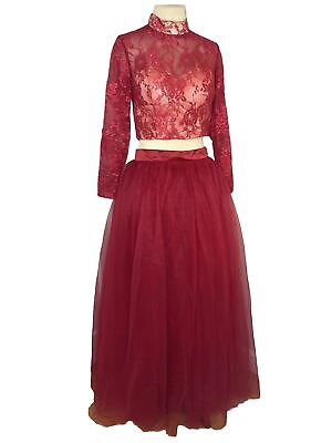 #ad Formal Dress Red Small Two Piece Tulle Long Skirt Lace Top midriff Prom Formal $25.00