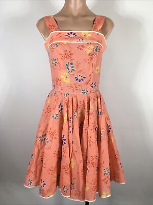 #ad VINTAGE 1950s 1960s SUNDRESS XS S Coral Floral Square Neck Full CIRCLE SKIRT $125.00