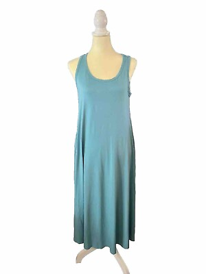#ad Soft Surroundings Sleeveless Maxi Medium Dress Blue Tank Midi Beach Vaca Pockets $26.99