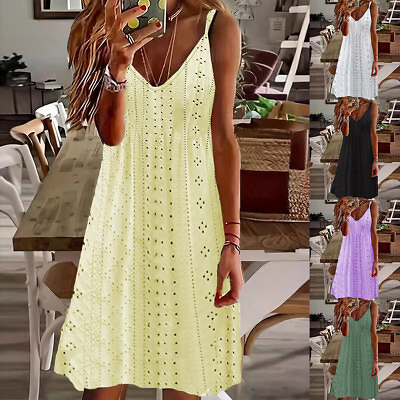 #ad Women V Neck Holiday Beach Casual Loose Hollow Dress Summer Strappy Tunic Dress $17.84