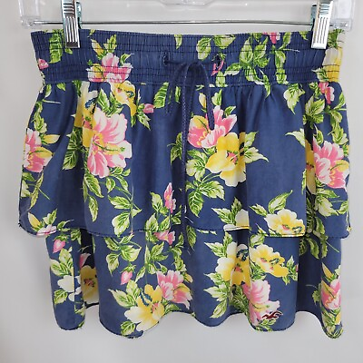 #ad Hollister Sz M Mini Skirt 14quot; Elastic Waist Full Floral Lined Tiered Blue Cotton $24.30