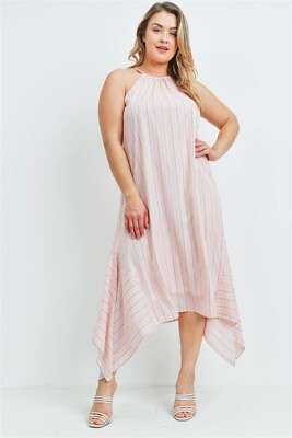 #ad Womens Plus Size Peach Stripe Midi Maxi Dress 3XL Halter Neckline $29.95