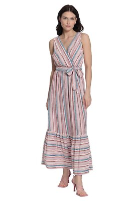 #ad $158 Donna Morgan Pink Ginger Ivory Aramina Striped Vneck Maxi Dress 14W D424 $55.99
